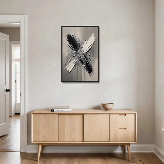 Crossed Black and White Knife Strokes for the Executive Office - Black Framed Canvas Wall Art - Coffee Table - 24x36