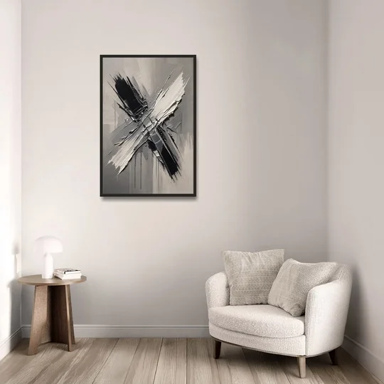 Crossed Black and White Knife Strokes for the Executive Office - Black Framed Canvas Wall Art - Sofa - 24x36