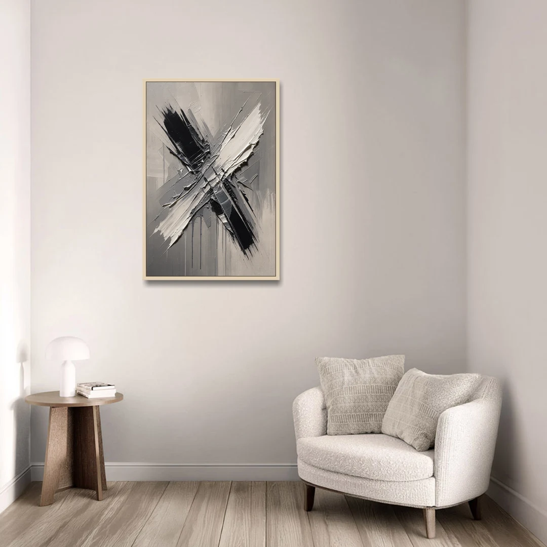 Crossed Black and White Knife Strokes for the Executive Office - Oak Framed Canvas Wall Art - Sofa - 24x36