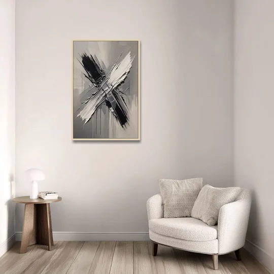 Crossed Black and White Knife Strokes for the Executive Office - Oak Framed Canvas Wall Art - Sofa - 24x36