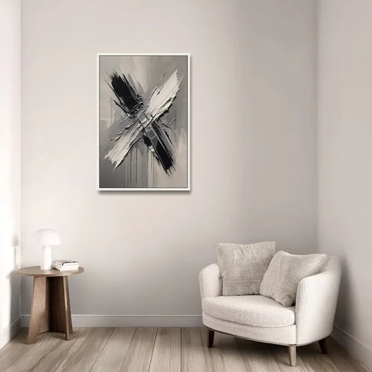 Crossed Black and White Knife Strokes for the Executive Office - White Framed Canvas Wall Art - Sofa - 24x36