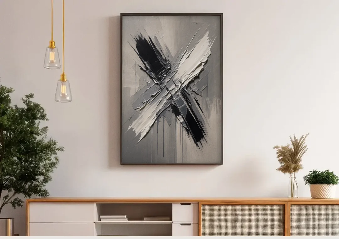 Crossed Black and White Knife Strokes for the Executive Office canvas wall art above a wooden sideboard under pendant lights