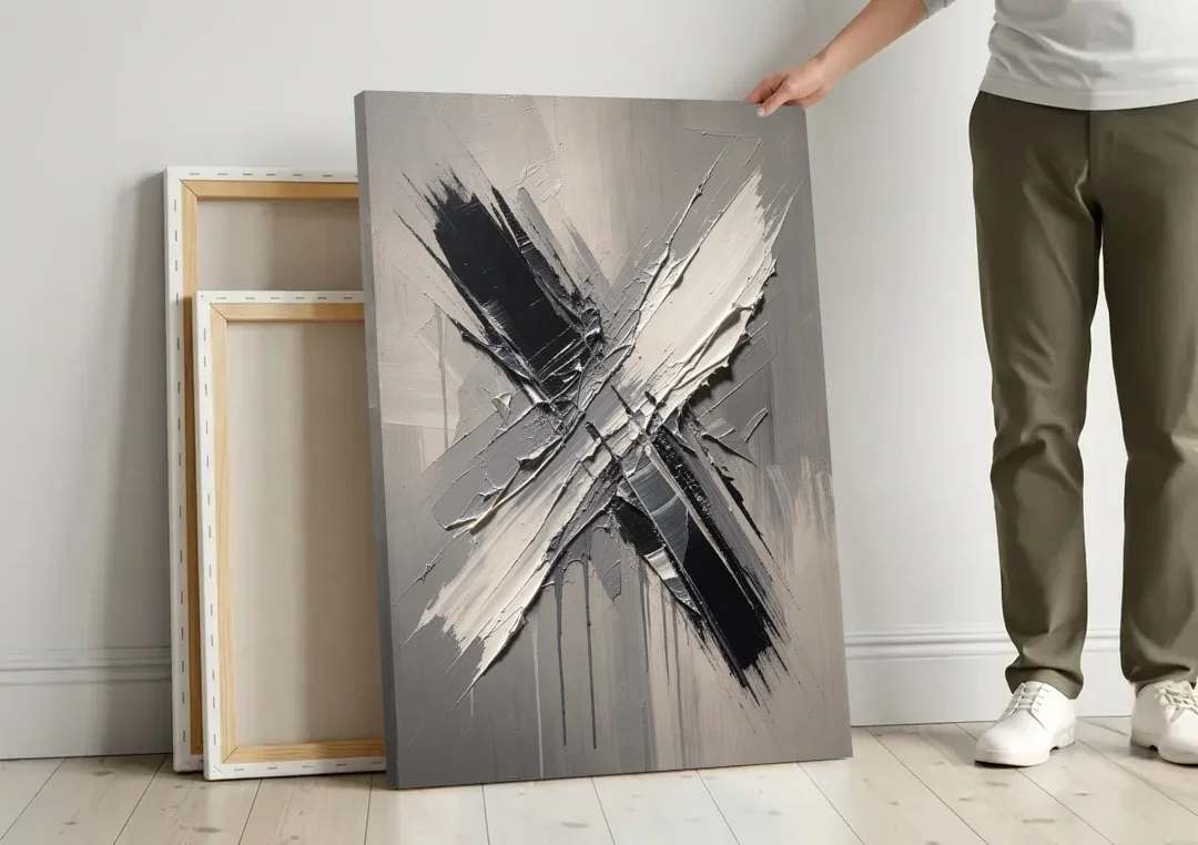 Crossed Black and White Knife Strokes for the Executive Office canvas wall art leaning against a wall next to blank canvases