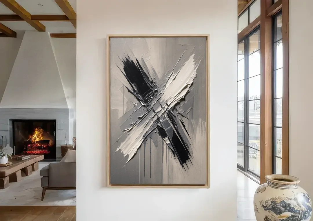 Crossed Black and White Knife Strokes for the Executive Office canvas wall art in a living room with a fireplace