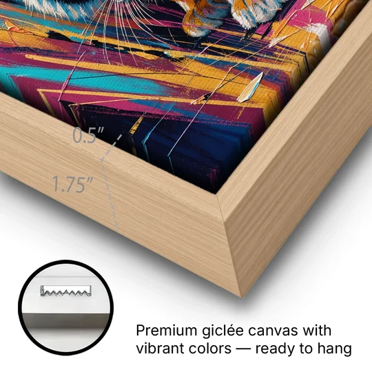 Crouching Tiger in Magenta and Teal Strokes - Oak Framed Canvas Wall Art - Gallery Wrap Corner