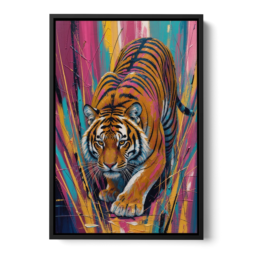 Crouching Tiger in Magenta and Teal Strokes - Black Framed Canvas Wall Art - Front