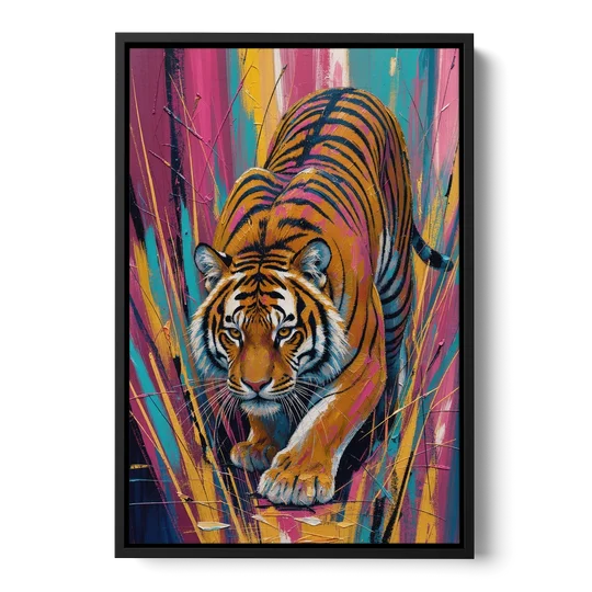 Crouching Tiger in Magenta and Teal Strokes - Black Framed Canvas Wall Art - Front