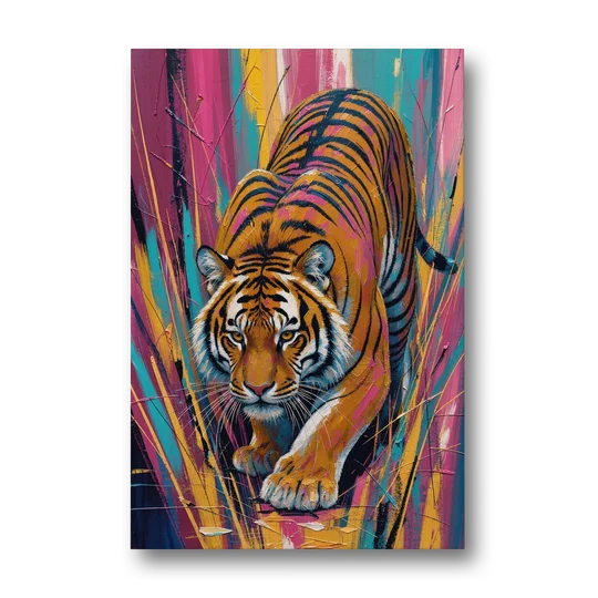 Crouching Tiger in Magenta and Teal Strokes - Canvas Wall Art - Front