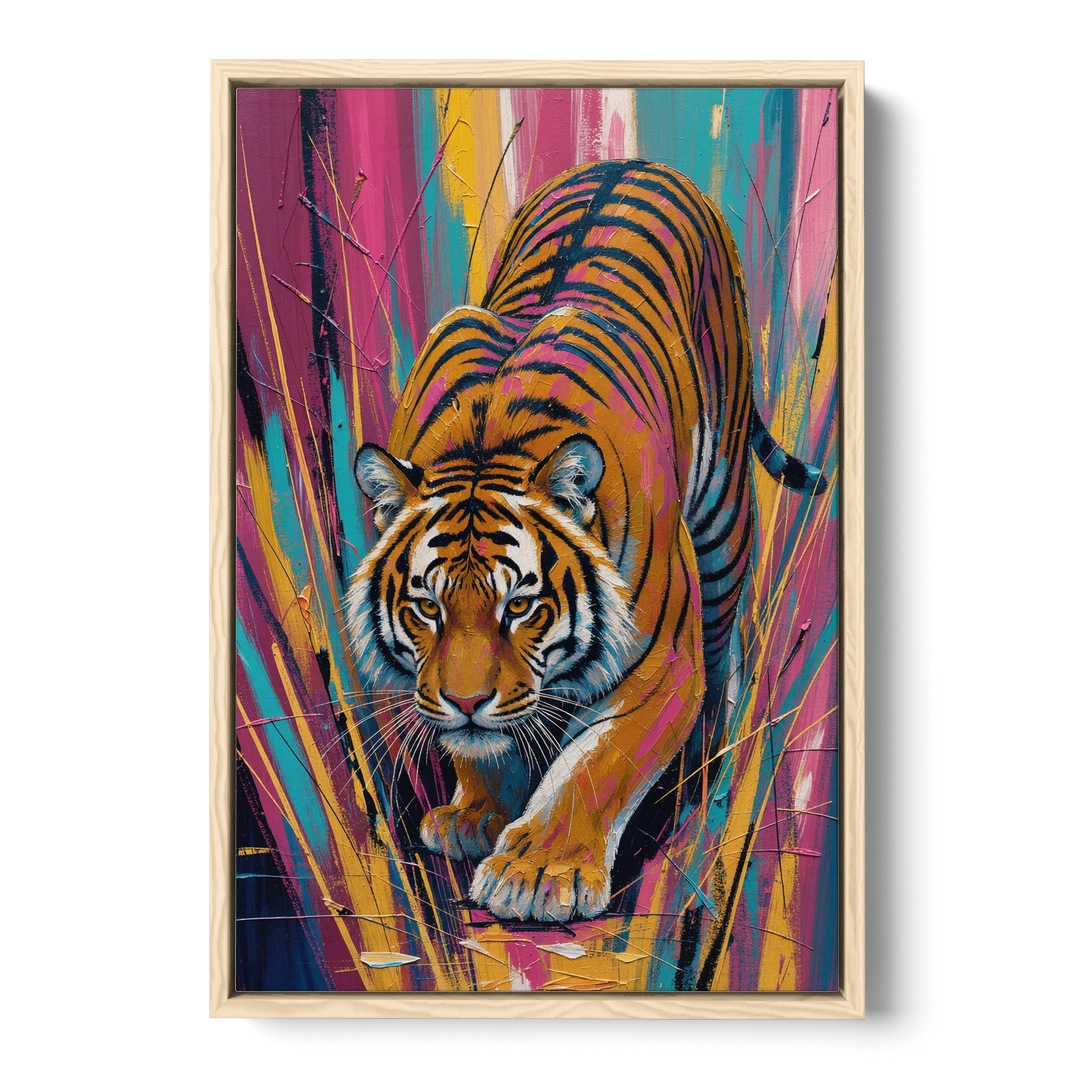 Crouching Tiger in Magenta and Teal Strokes - Oak Framed Canvas Wall Art - Front