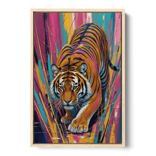 Crouching Tiger in Magenta and Teal Strokes - Oak Framed Canvas Wall Art - Front