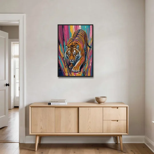Crouching Tiger in Magenta and Teal Strokes - Black Framed Canvas Wall Art - Coffee Table - 24x36