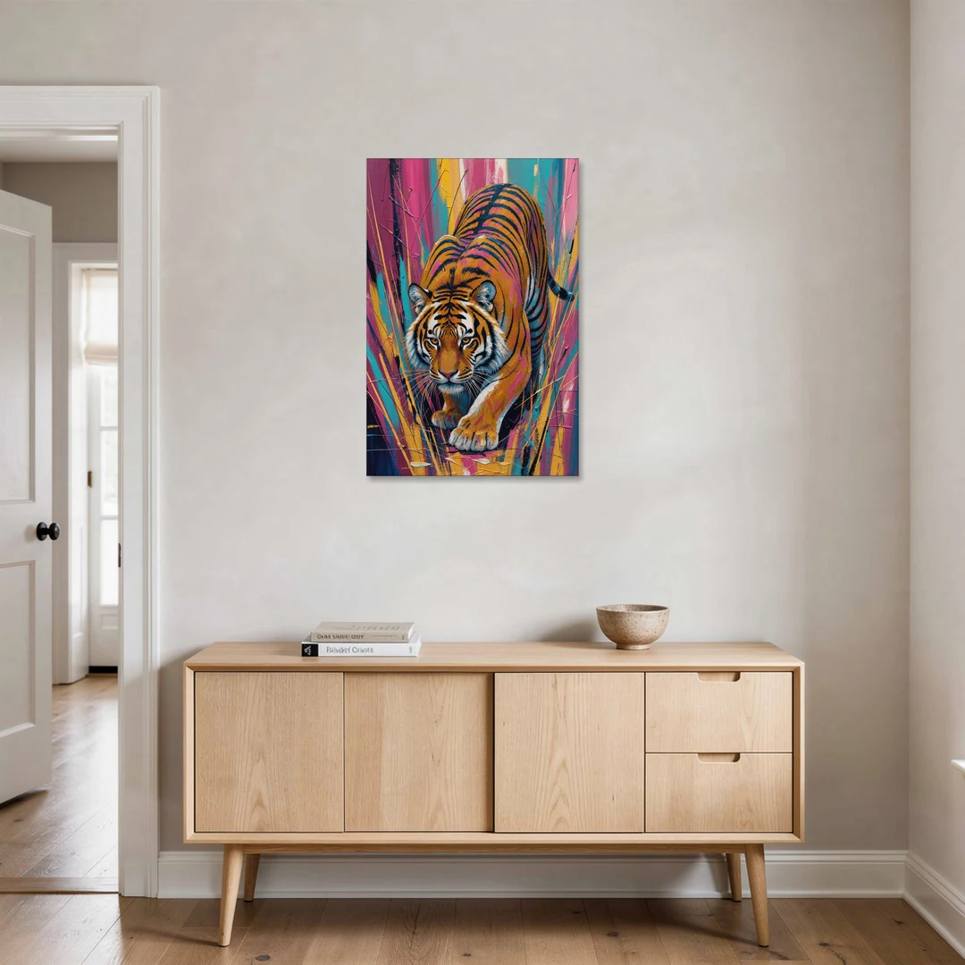 Crouching Tiger in Magenta and Teal Strokes - Canvas Wall Art - Coffee Table - 24x36