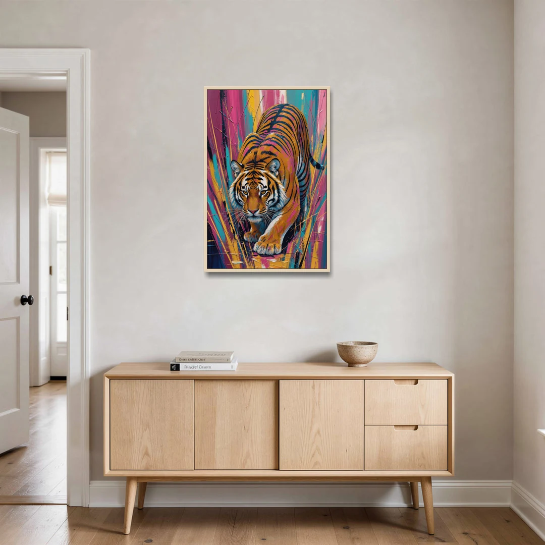 Crouching Tiger in Magenta and Teal Strokes - Oak Framed Canvas Wall Art - Coffee Table - 24x36