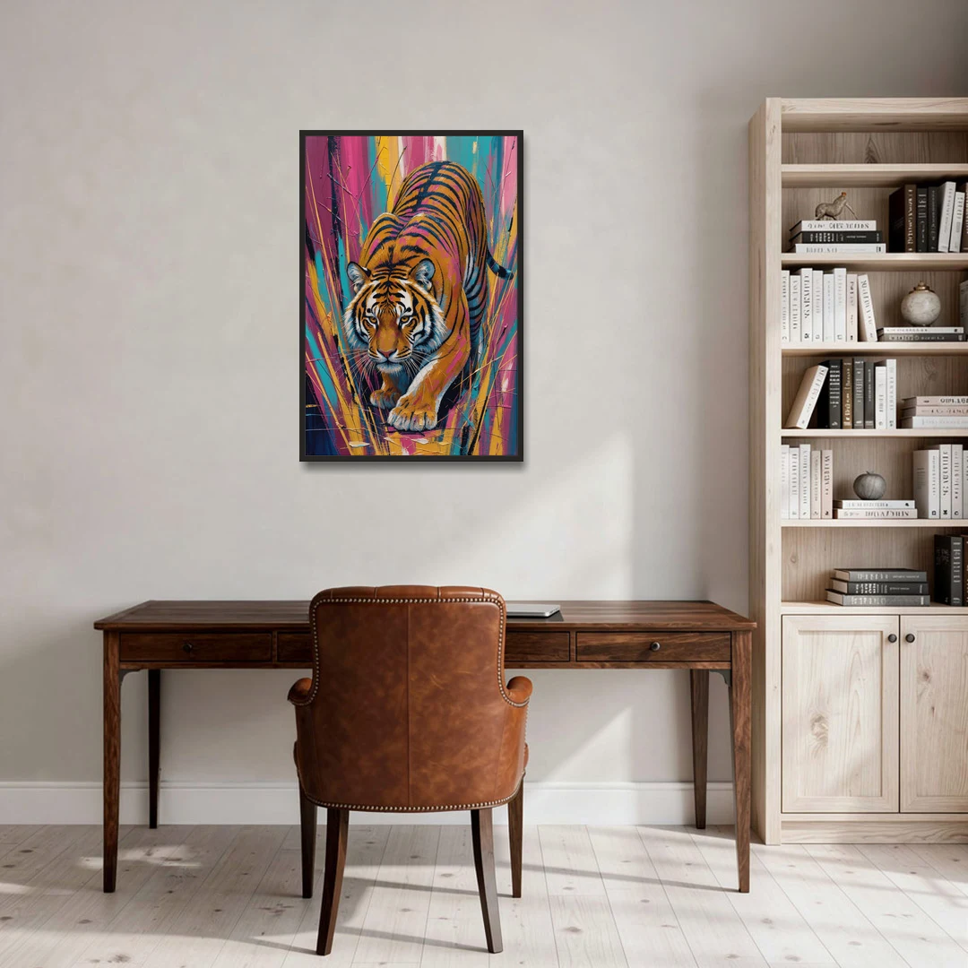 Crouching Tiger in Magenta and Teal Strokes - Black Framed Canvas Wall Art - Office - 24x36