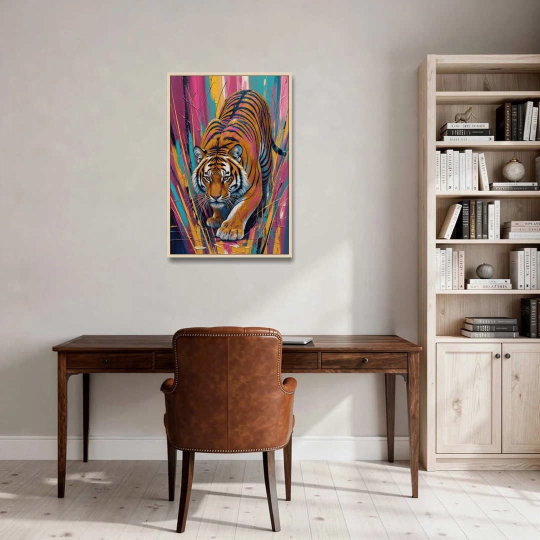 Crouching Tiger in Magenta and Teal Strokes - Oak Framed Canvas Wall Art - Office - 24x36