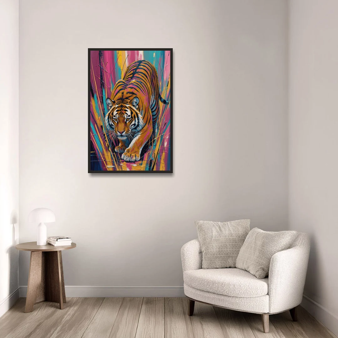 Crouching Tiger in Magenta and Teal Strokes - Black Framed Canvas Wall Art - Sofa - 24x36