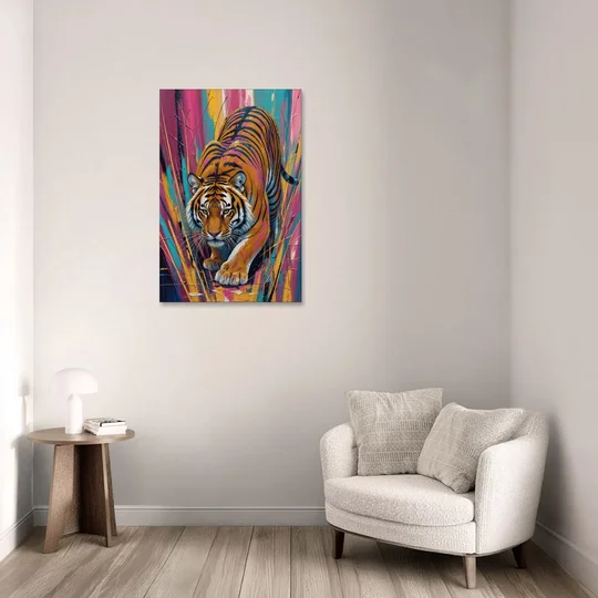 Crouching Tiger in Magenta and Teal Strokes - Canvas Wall Art - Sofa - 24x36