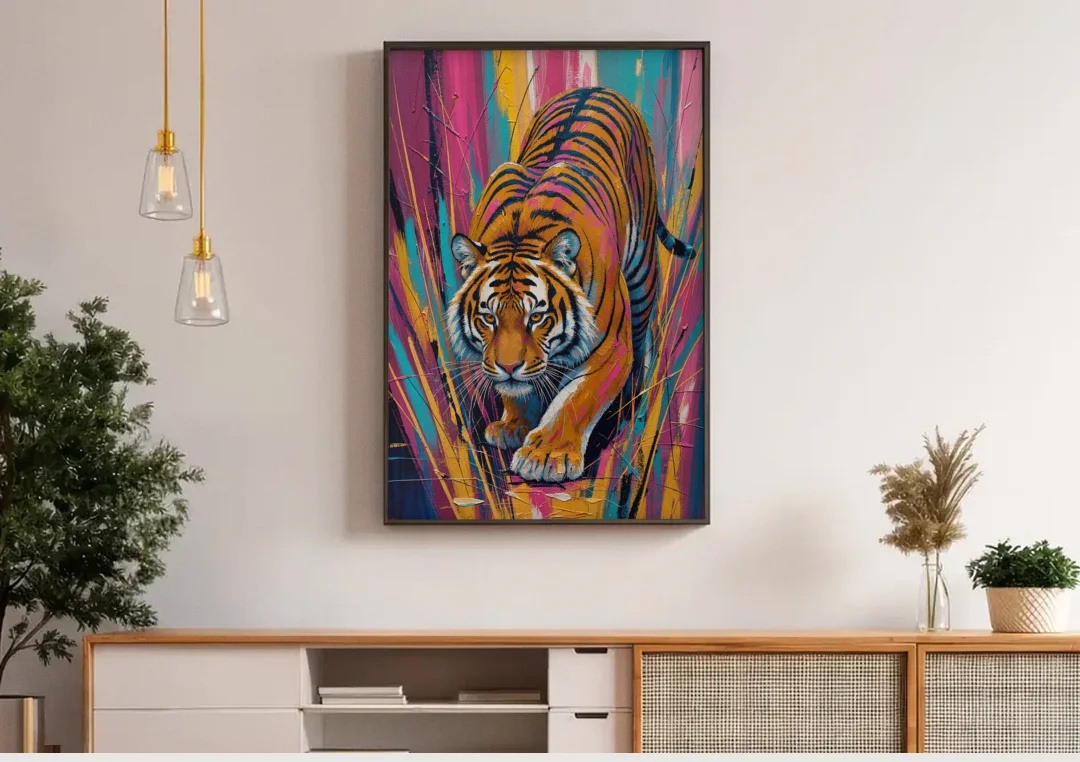 Crouching Tiger in Magenta and Teal Strokes canvas wall art above a wooden sideboard under pendant lights