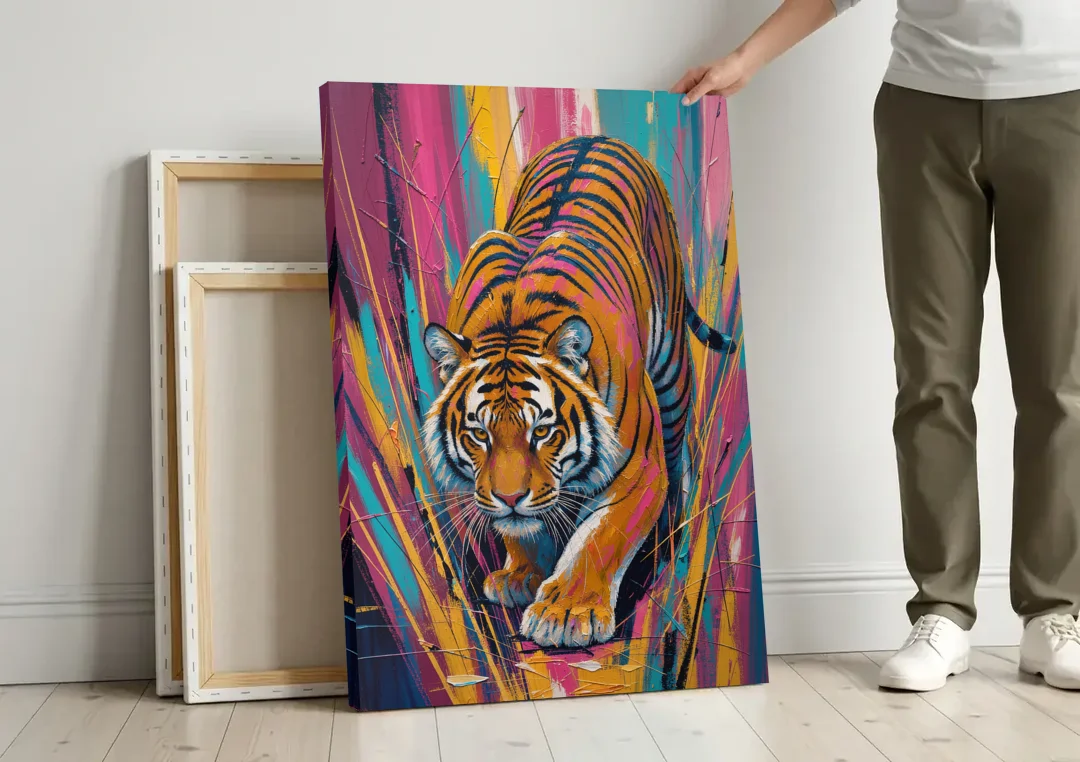 Crouching Tiger in Magenta and Teal Strokes canvas wall art leaning against a wall next to blank canvases