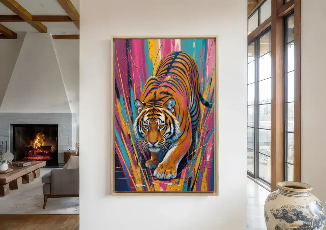Crouching Tiger in Magenta and Teal Strokes canvas wall art in a living room with a fireplace