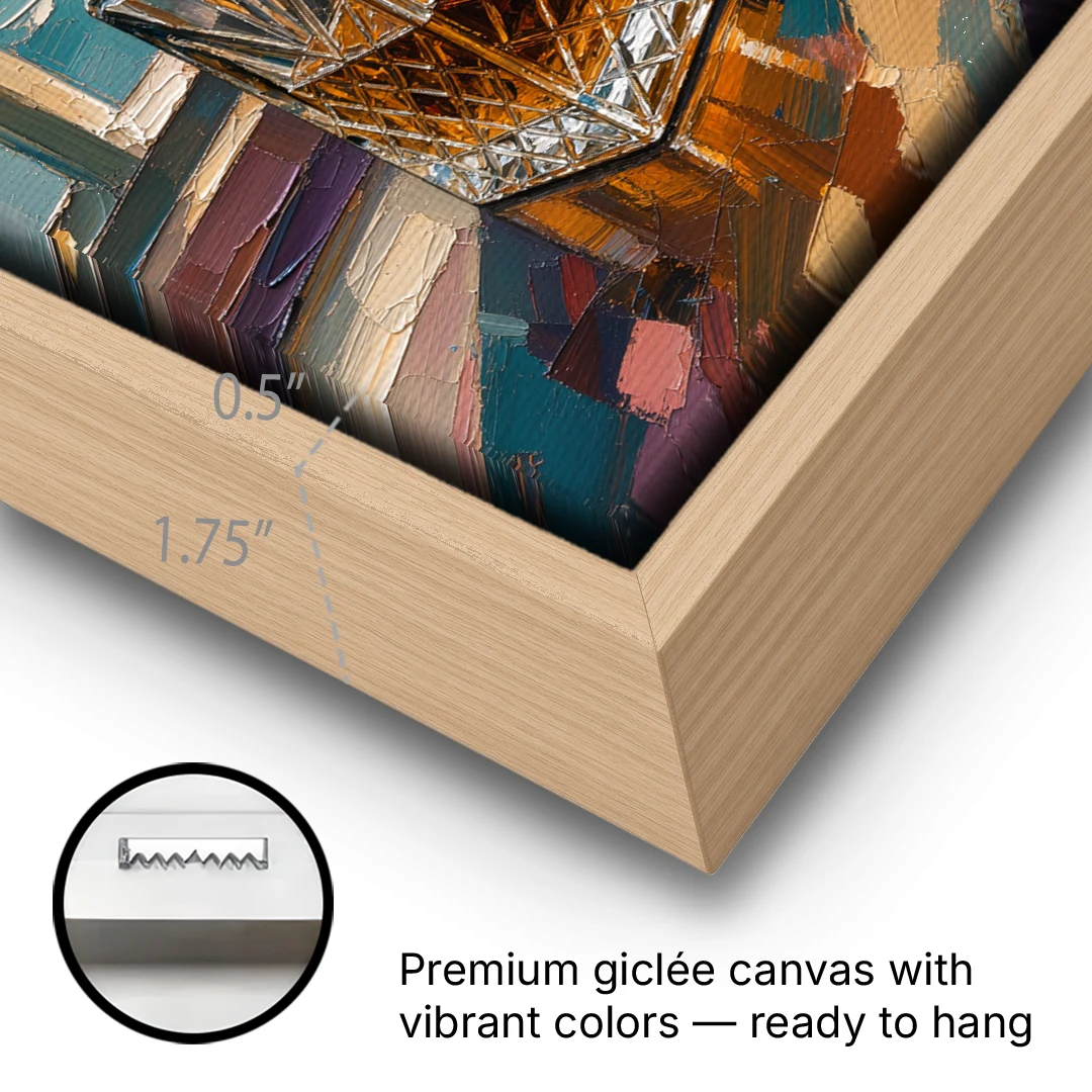 Crystal Whiskey Decanter at Harbor Sunset for the Home Bar - Oak Framed Canvas Wall Art - Gallery Wrap Corner