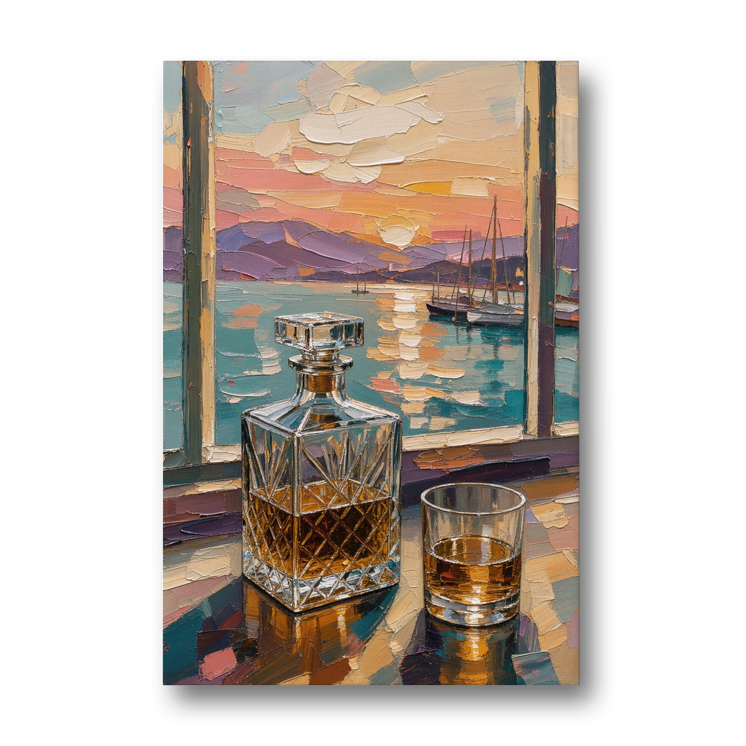 Crystal Whiskey Decanter at Harbor Sunset for the Home Bar - Canvas Wall Art - Front