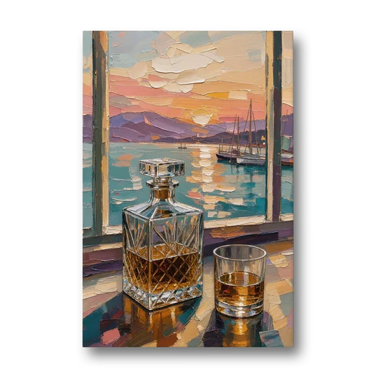Crystal Whiskey Decanter at Harbor Sunset for the Home Bar - Canvas Wall Art - Front