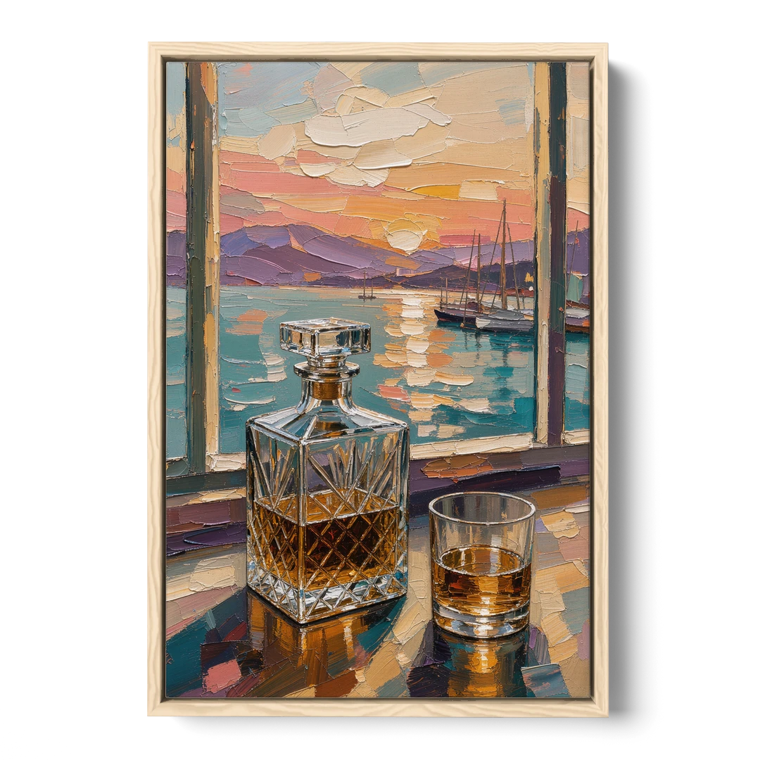 Crystal Whiskey Decanter at Harbor Sunset for the Home Bar - Oak Framed Canvas Wall Art - Front