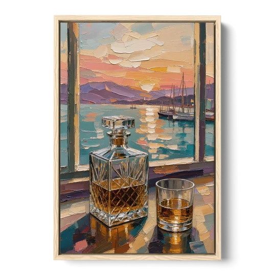 Crystal Whiskey Decanter at Harbor Sunset for the Home Bar - Oak Framed Canvas Wall Art - Front