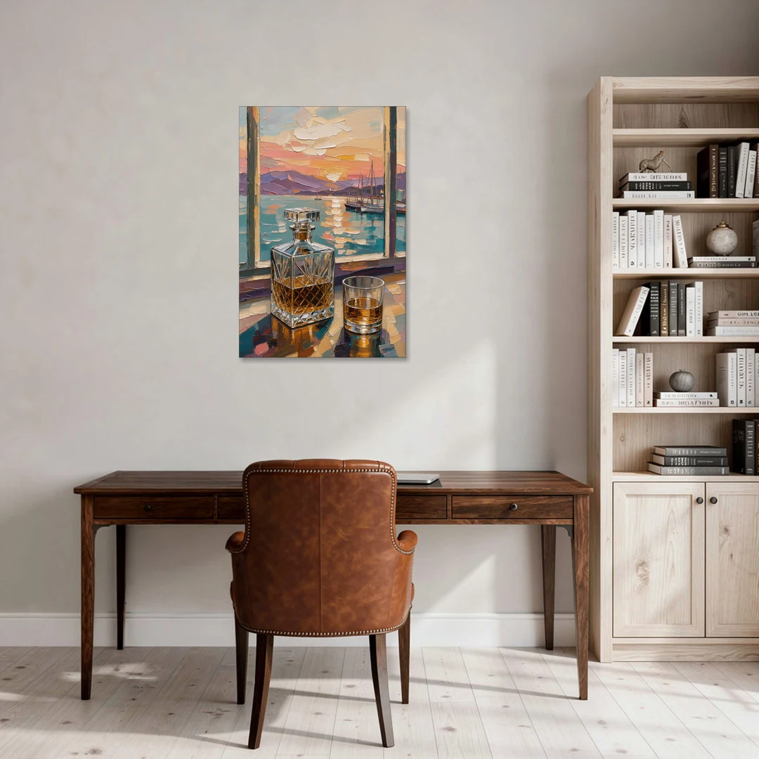 Crystal Whiskey Decanter at Harbor Sunset for the Home Bar - Canvas Wall Art - Office - 24x36