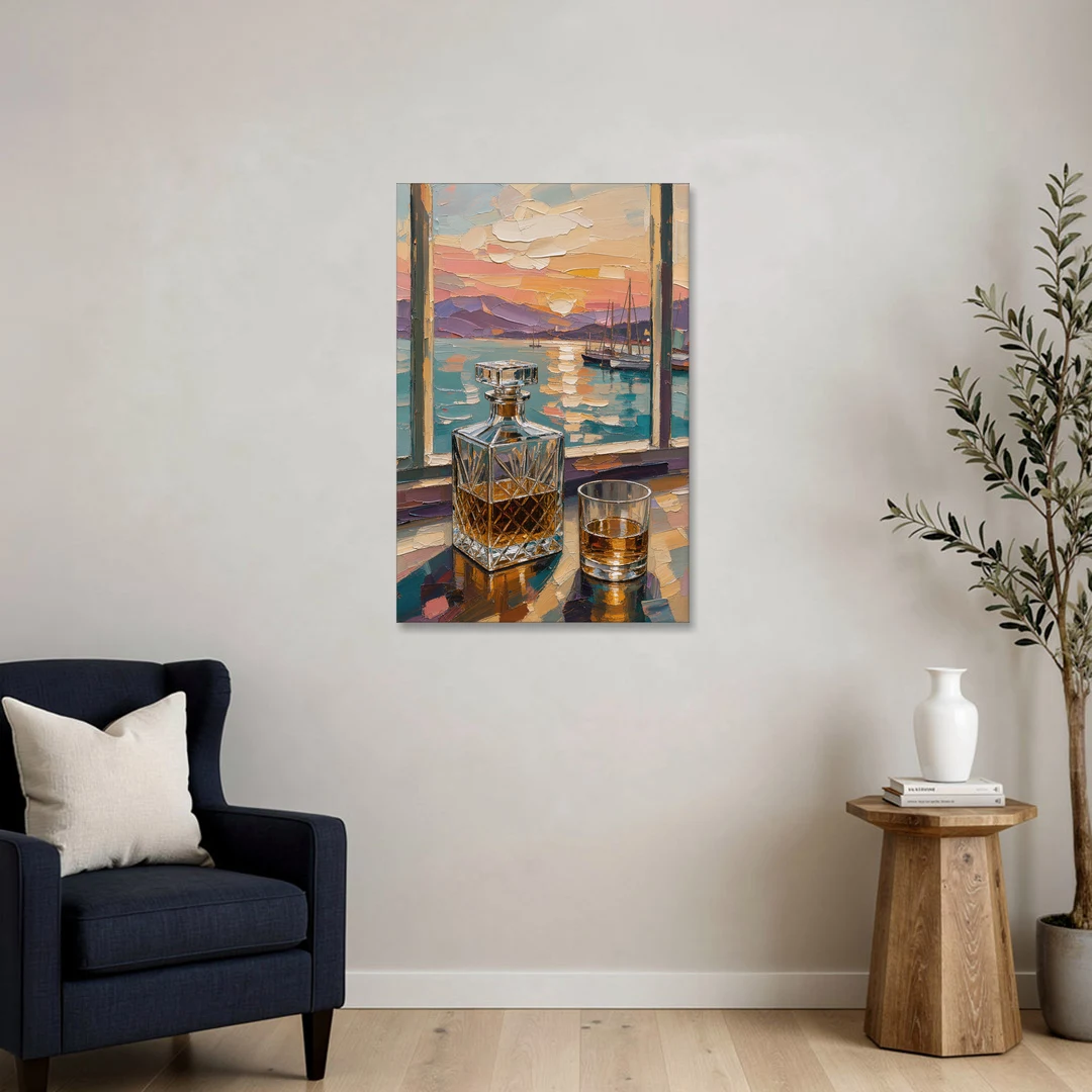 Crystal Whiskey Decanter at Harbor Sunset for the Home Bar - Canvas Wall Art - Sofa - 24x36