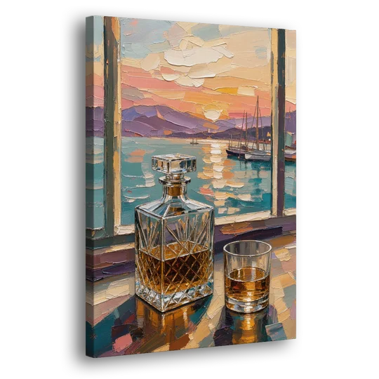 Crystal Whiskey Decanter at Harbor Sunset for the Home Bar - Canvas Wall Art - Side