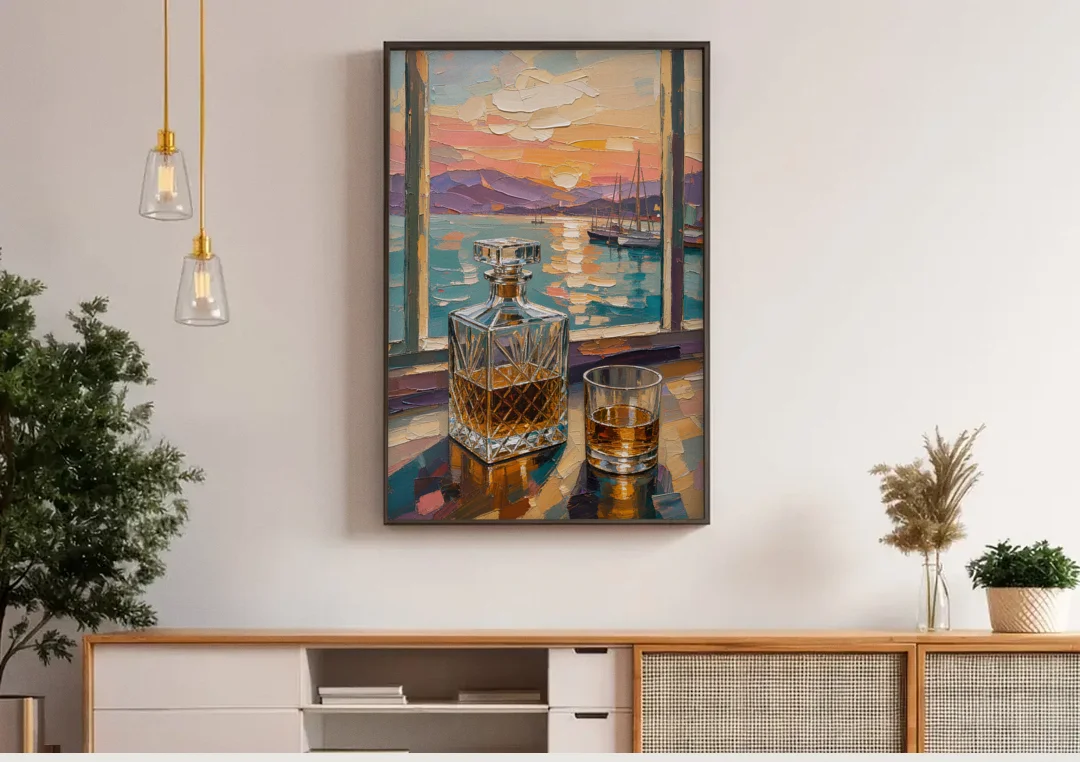Crystal Whiskey Decanter at Harbor Sunset for the Home Bar canvas wall art above a wooden sideboard under pendant lights