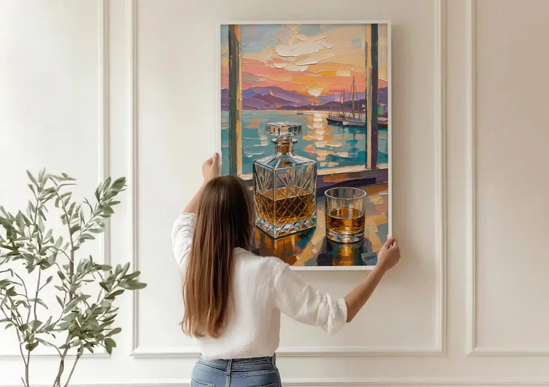 Crystal Whiskey Decanter at Harbor Sunset for the Home Bar canvas wall art being hung on a paneled wall