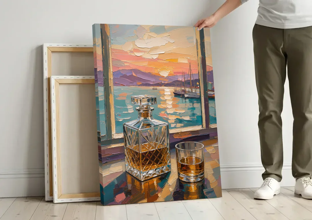 Crystal Whiskey Decanter at Harbor Sunset for the Home Bar canvas wall art leaning against a wall next to blank canvases