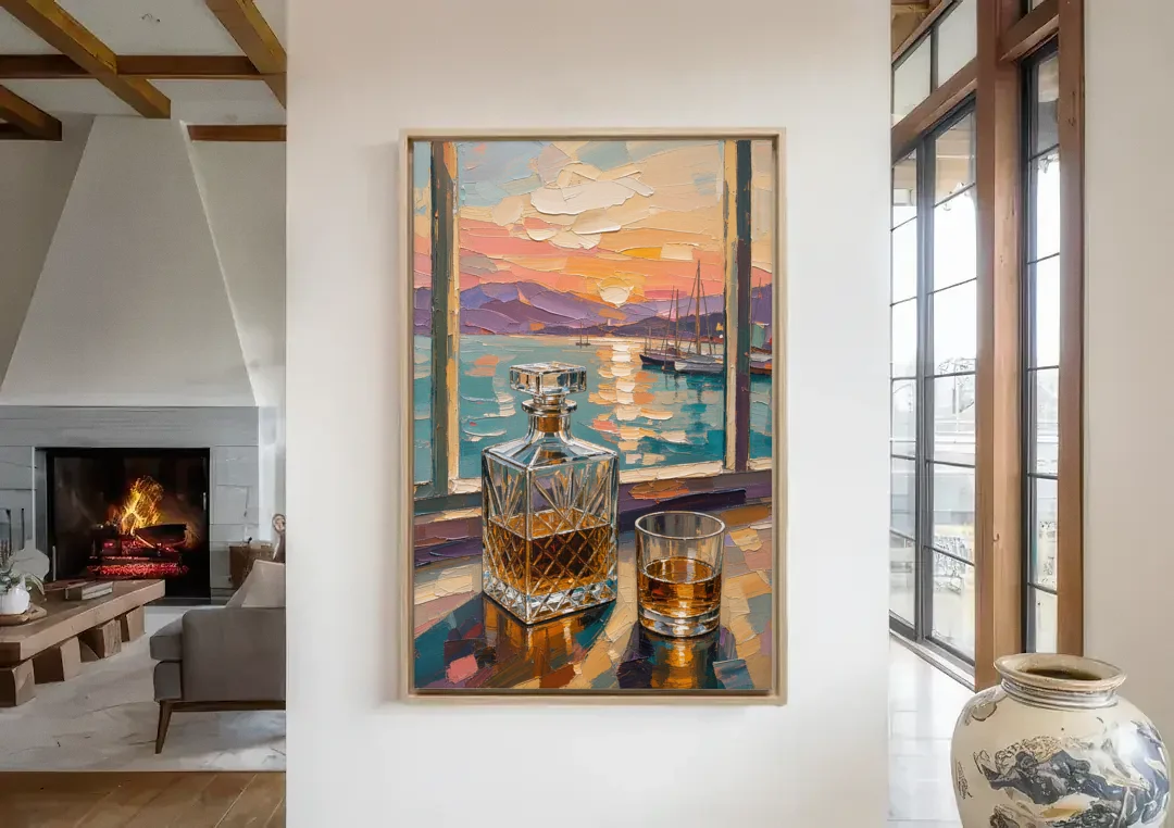 Crystal Whiskey Decanter at Harbor Sunset for the Home Bar canvas wall art in a living room with a fireplace