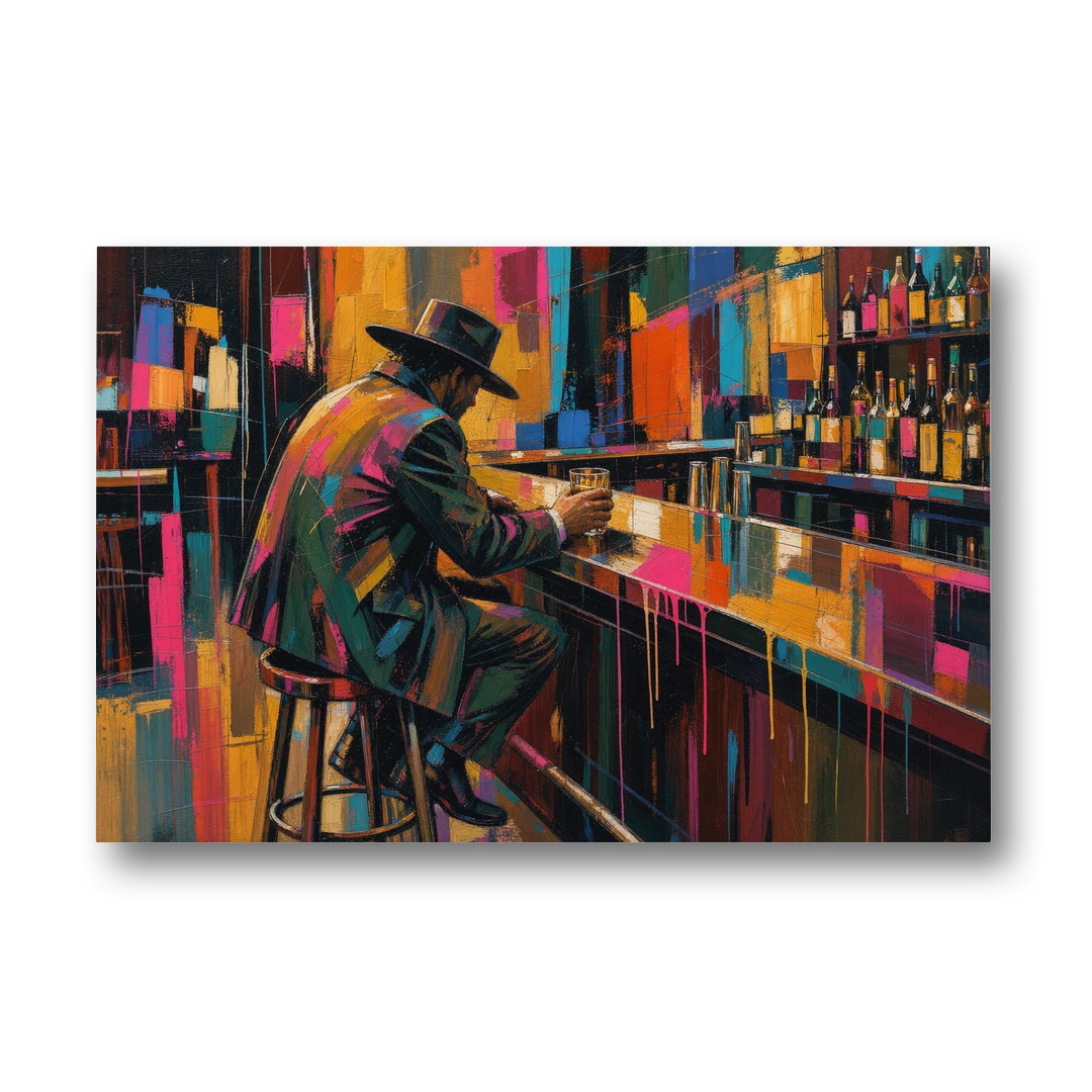 Cubism Wall Art of a Lone Whiskey Drinker - Canvas Wall Art - Front