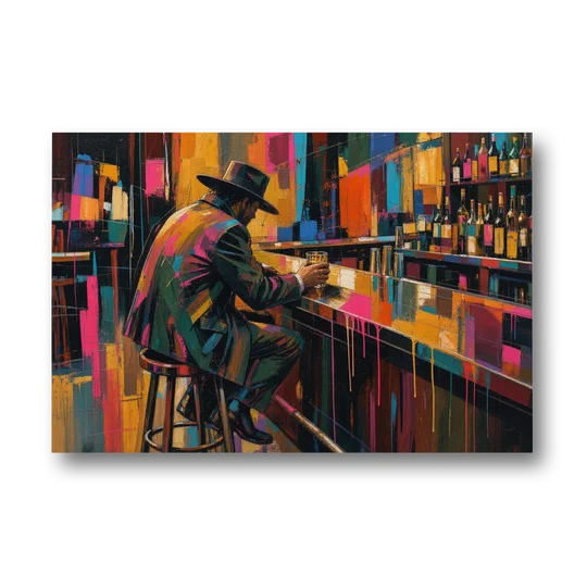 Cubism Wall Art of a Lone Whiskey Drinker - Canvas Wall Art - Front