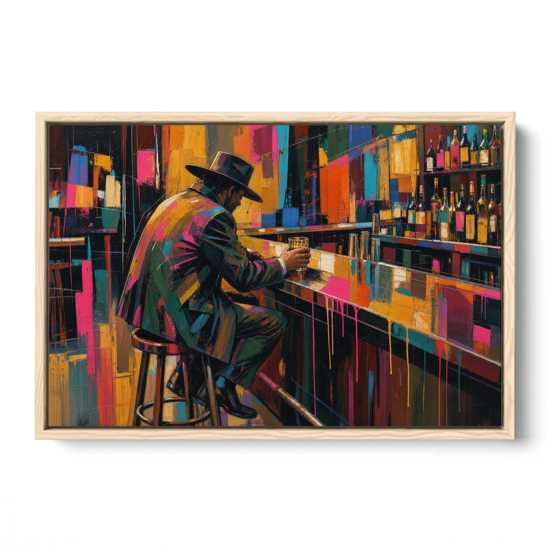 Cubism Wall Art of a Lone Whiskey Drinker - Oak Framed Canvas Wall Art - Front