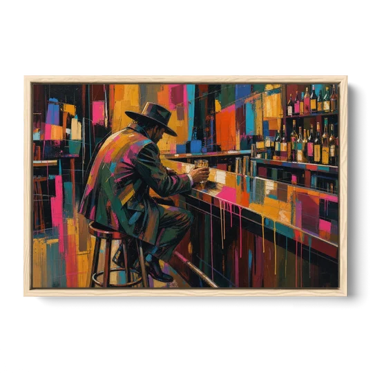 Cubism Wall Art of a Lone Whiskey Drinker - Oak Framed Canvas Wall Art - Front