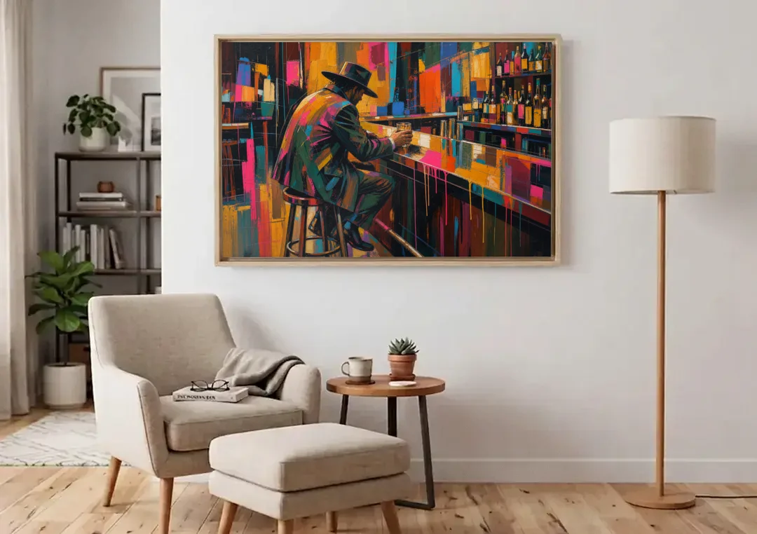 Cubism Wall Art of a Lone Whiskey Drinker canvas wall art above an armchair in a bright living room