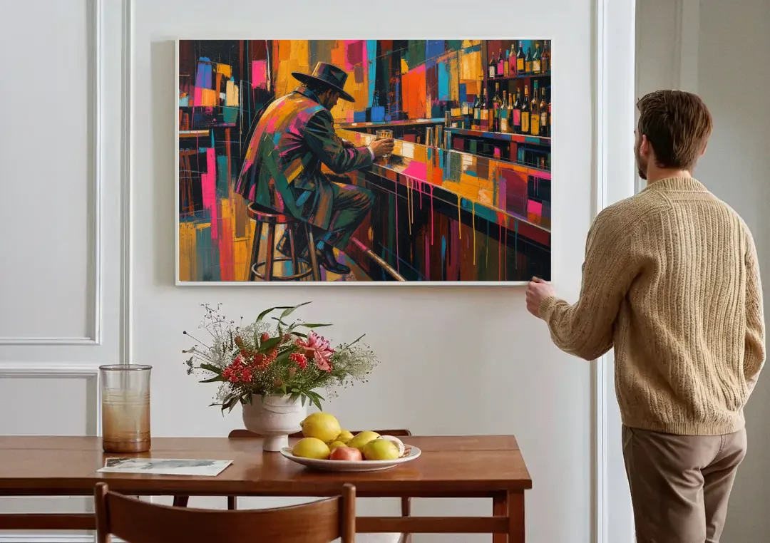 Cubism Wall Art of a Lone Whiskey Drinker canvas wall art above a dining table