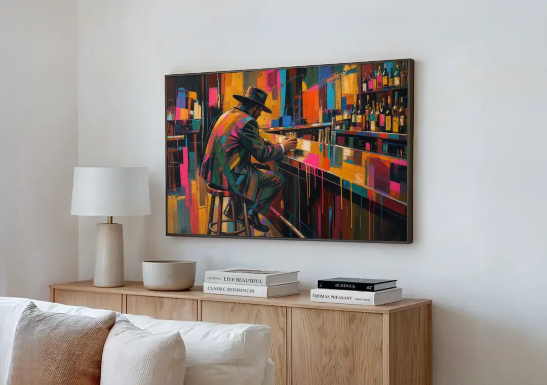 Cubism Wall Art of a Lone Whiskey Drinker canvas wall art above a wooden sideboard next to a sofa
