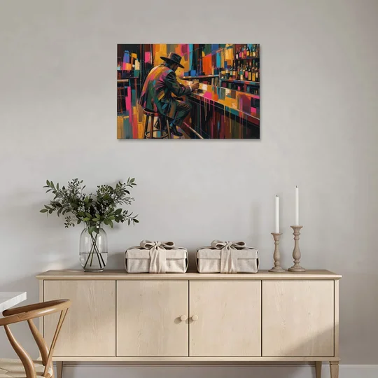 Cubism Wall Art of a Lone Whiskey Drinker - Canvas Wall Art - Coffee Table - 36x24