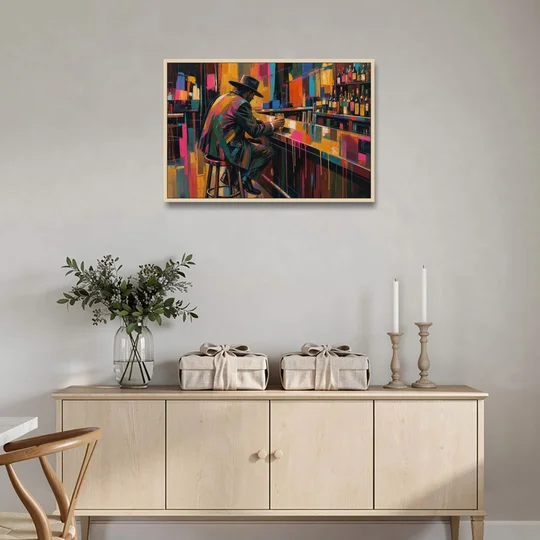 Cubism Wall Art of a Lone Whiskey Drinker - Oak Framed Canvas Wall Art - Coffee Table - 36x24