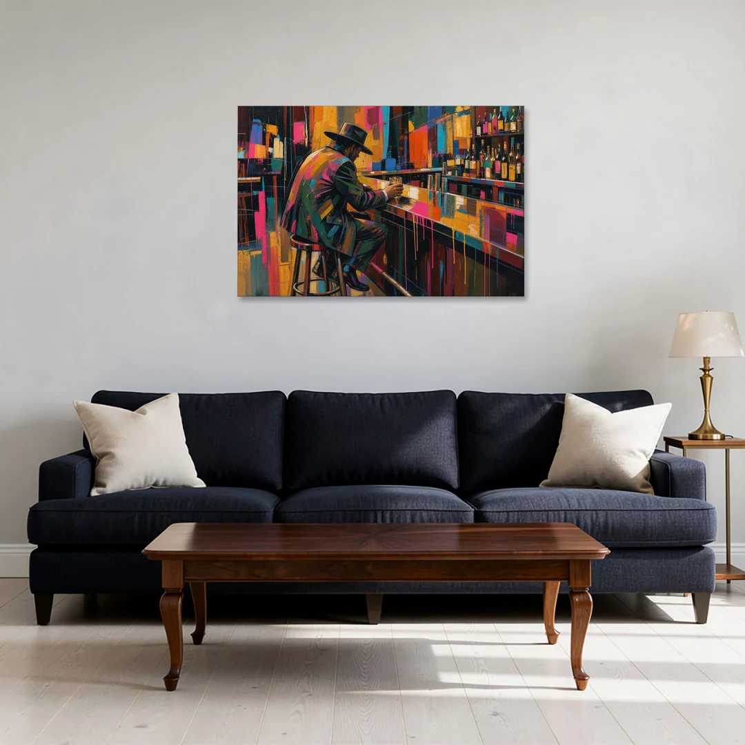 Cubism Wall Art of a Lone Whiskey Drinker - Canvas Wall Art - Sofa - 36x24