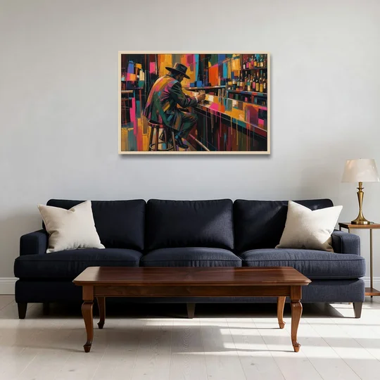 Cubism Wall Art of a Lone Whiskey Drinker - Oak Framed Canvas Wall Art - Sofa - 36x24