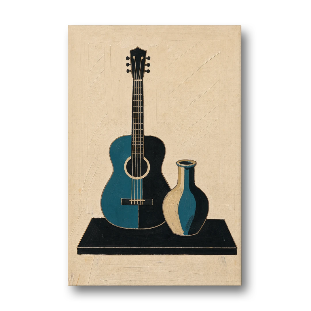 Cubist Still Life Painting of Guitar and Vase - Canvas Wall Art - Front