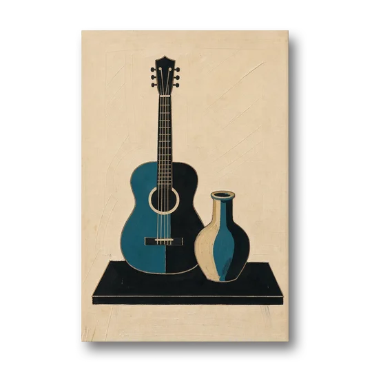 Cubist Still Life Painting of Guitar and Vase - Canvas Wall Art - Front