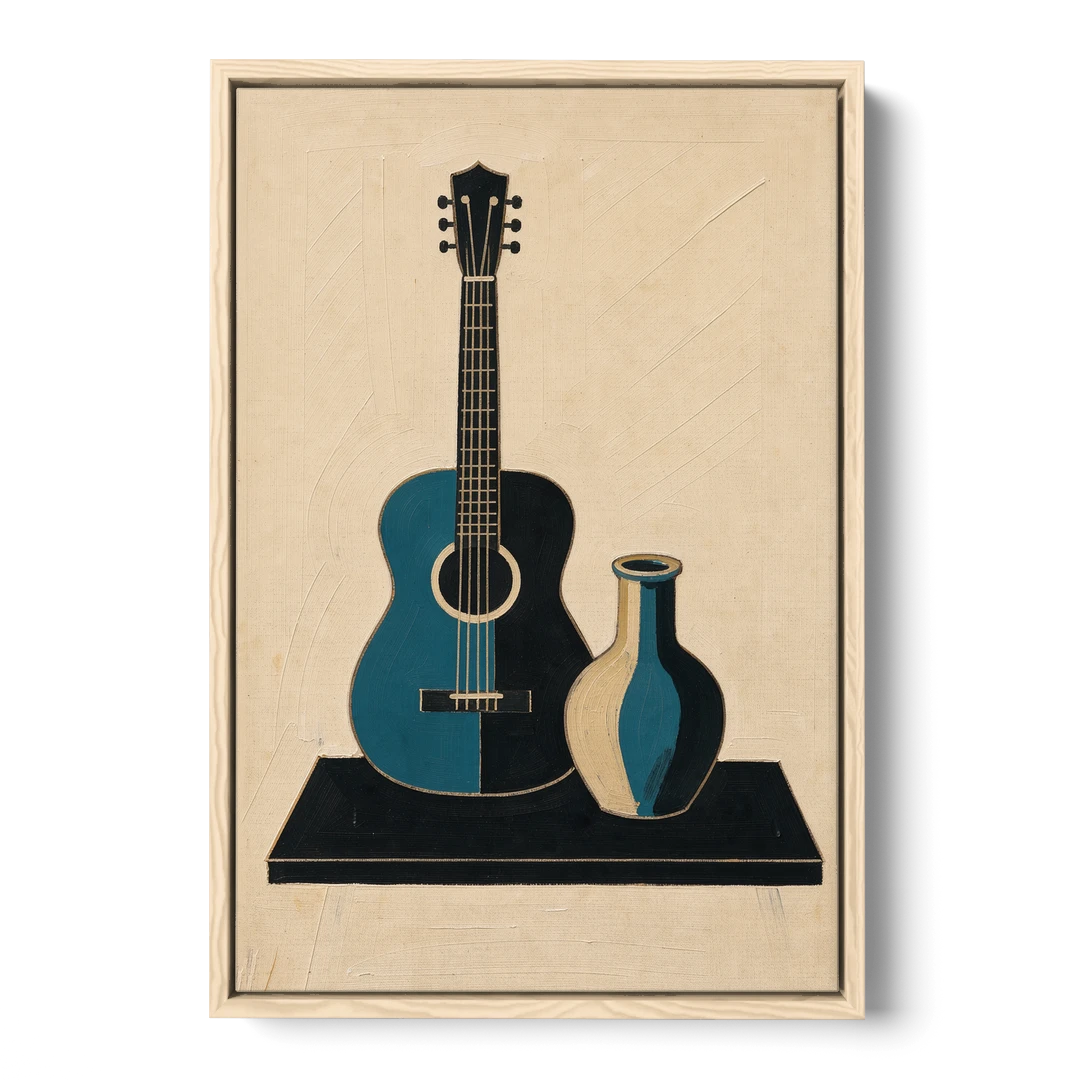 Cubist Still Life Painting of Guitar and Vase - Oak Framed Canvas Wall Art - Front